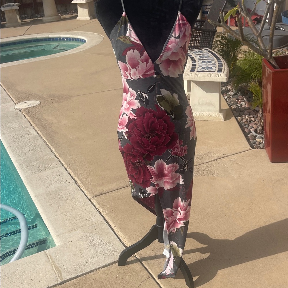 Fashion Nova Asymmetrical Floral Dress - gray and Pink